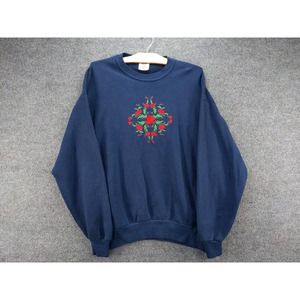 Vintage Womens Jerzees Pullover Sweatshirt Floral Rose Pattern Size XL Blue USA